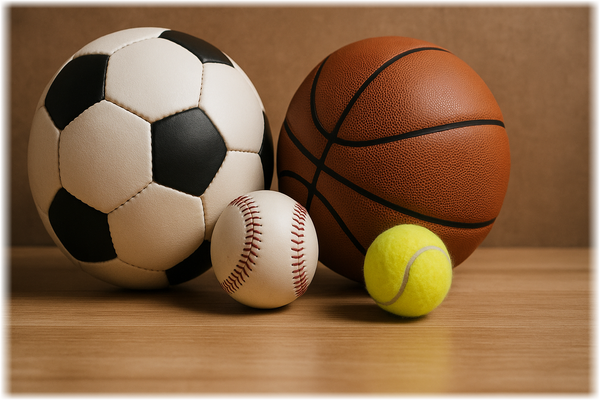 Verschiedene Sportbälle auf Holzoberfläche – Fußball, Basketball, Baseball und Tennisball in natürlichem Licht