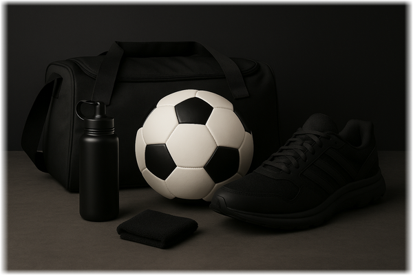 Schwarze Sportausrüstung auf grauem Tisch