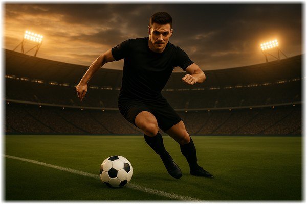 Dynamischer Fußballspieler in schwarzer Sportbekleidung beim Dribbling im beleuchteten Stadion