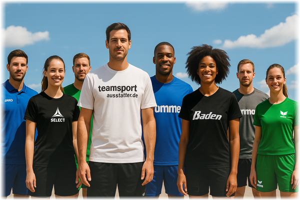 Acht sportlich gekleidete Personen stehen in zwei Reihen und lächeln in die Kamera. Jede trägt ein T-Shirt mit dem Logo einer bekannten Sportmarke wie JAKO, SELECT, Hummel, Baden oder Erima. Im Zentrum steht eine Person im weißen Shirt mit dem Schriftzug "teamsportausstatter.de". Der Hintergrund zeigt einen blauen Himmel mit wenigen Wolken.