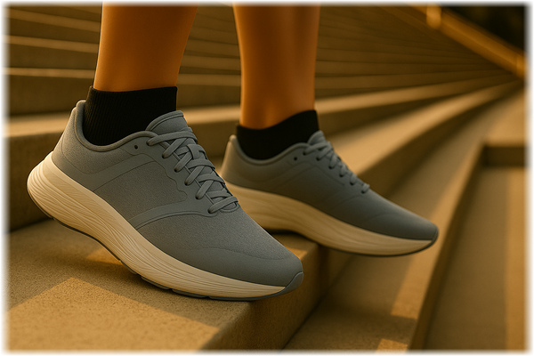 Laufschuhe auf sonniger Treppe – Nahaufnahme grauer Sportschuhe beim Training