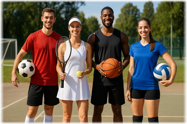 Vier Sportler auf einem Freiluftplatz – ein Fußballer, eine Tennisspielerin, ein Basketballspieler und eine Volleyballspielerin – lächeln in die Kamera und halten ihre jeweiligen Sportgeräte, im Hintergrund ein grüner Park und Sportanlagen.