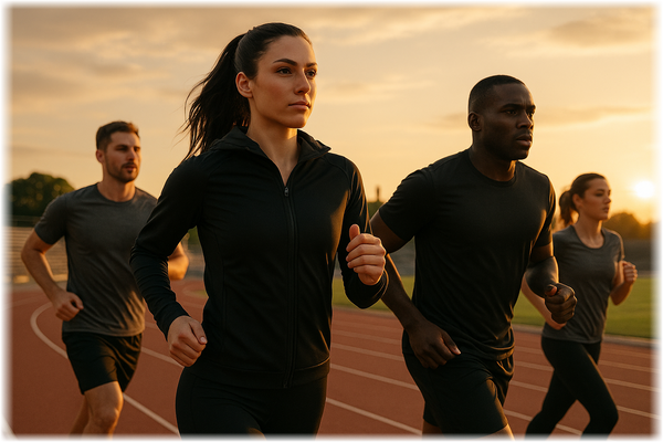 Vier Personen beim Joggen auf der Laufbahn bei Sonnenuntergang